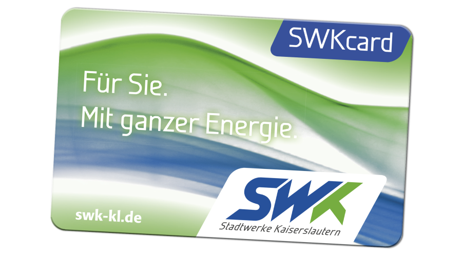 SWKcard von Stadtwerke Kaiserslautern im Scheckkartenformat mit grün-blauem Design und dem Slogan „Für Sie. Mit ganzer Energie.“